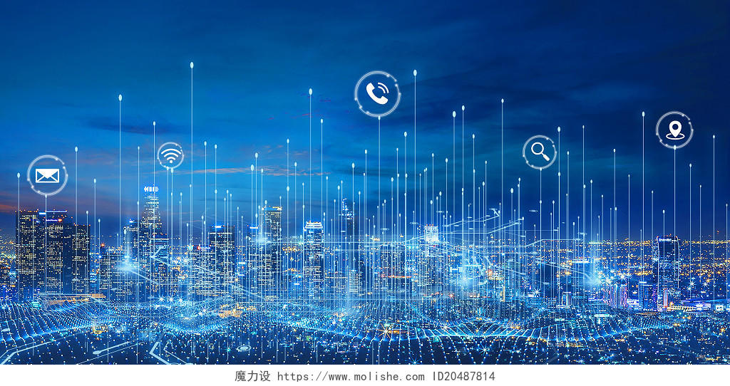 蓝色科技感城市线条图标物联网展板背景